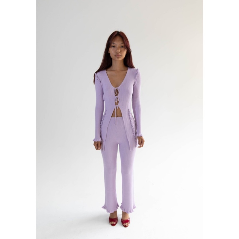 Find Me Now Cleo Ribbed Lavender Ruffle Knit Pants L